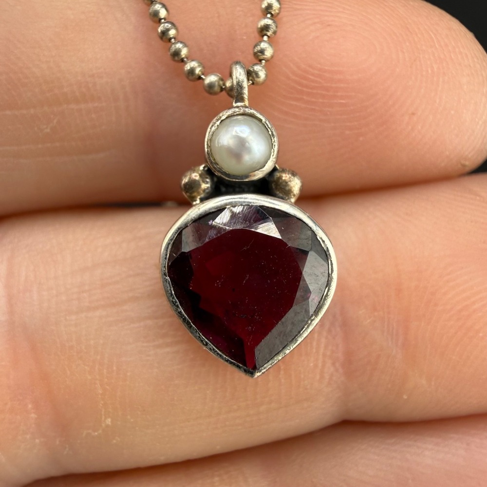 Vintage Silpada Necklace Silver Red Stone Pearl Pendant Adjustable 18"